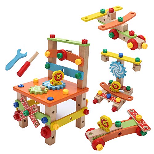 Yosooo Wooden Construction Toy, 2 Types New DIY Wood Disassembly Chair Tool Nut Assembly Chair Children Puzzle Toys Wooden Blocks Toys Wooden Building Set(B)
