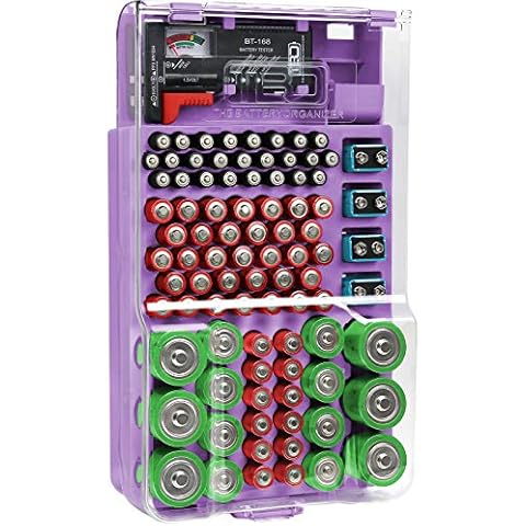 The Battery Organizer and Tester with Cover, Battery Storage Organizer and Case, Holds 93 Batteries of Various Sizes, Includes Battery Tester, Battery Holder for Garage Organization, Purple Cover
