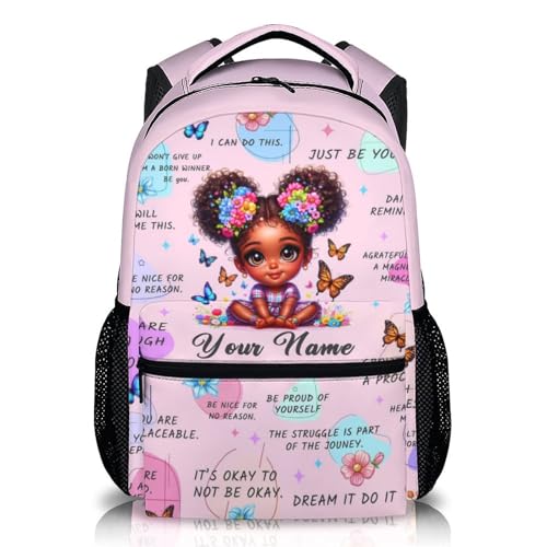Custom Backpack Gift for Girls, African Girls Bookbag with Name for Kids Kindergarten Preschool Primary, 17 Inch Lightweight Personalized Backpacks for School