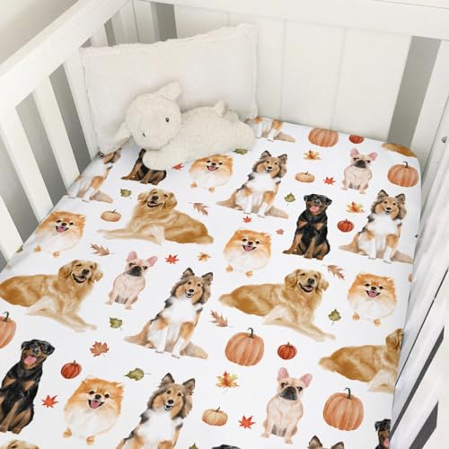 Image of Watercolor Dogs Fall Pumpkins Leaves Baby Crib Sheet 52''x28'' Fitted Crib Mattress Cover Sheet for Boy Girl Dogs Lovers Gift Soft Nursery Bed Sheet for Standard Crib Toddler Mattress