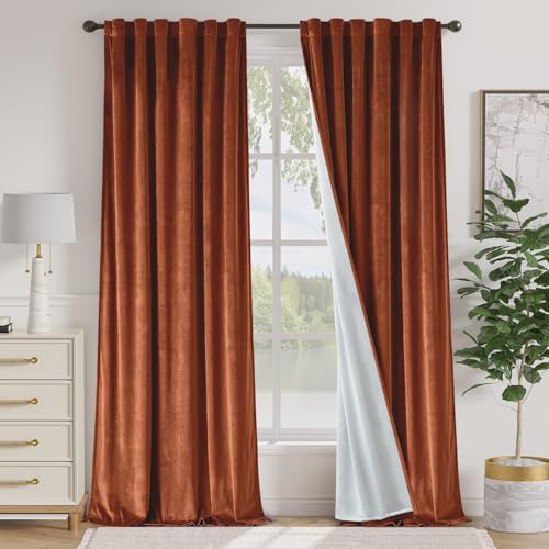 Image of Extra Long Burnt Orange Curtains Back Tab 52x108 Inch 2 Panels | Soft Velvet, Room Darkening, Lined, For Tall Windows & High Ceilings, Light Shifting Texture, Elegant Drape, Luxury