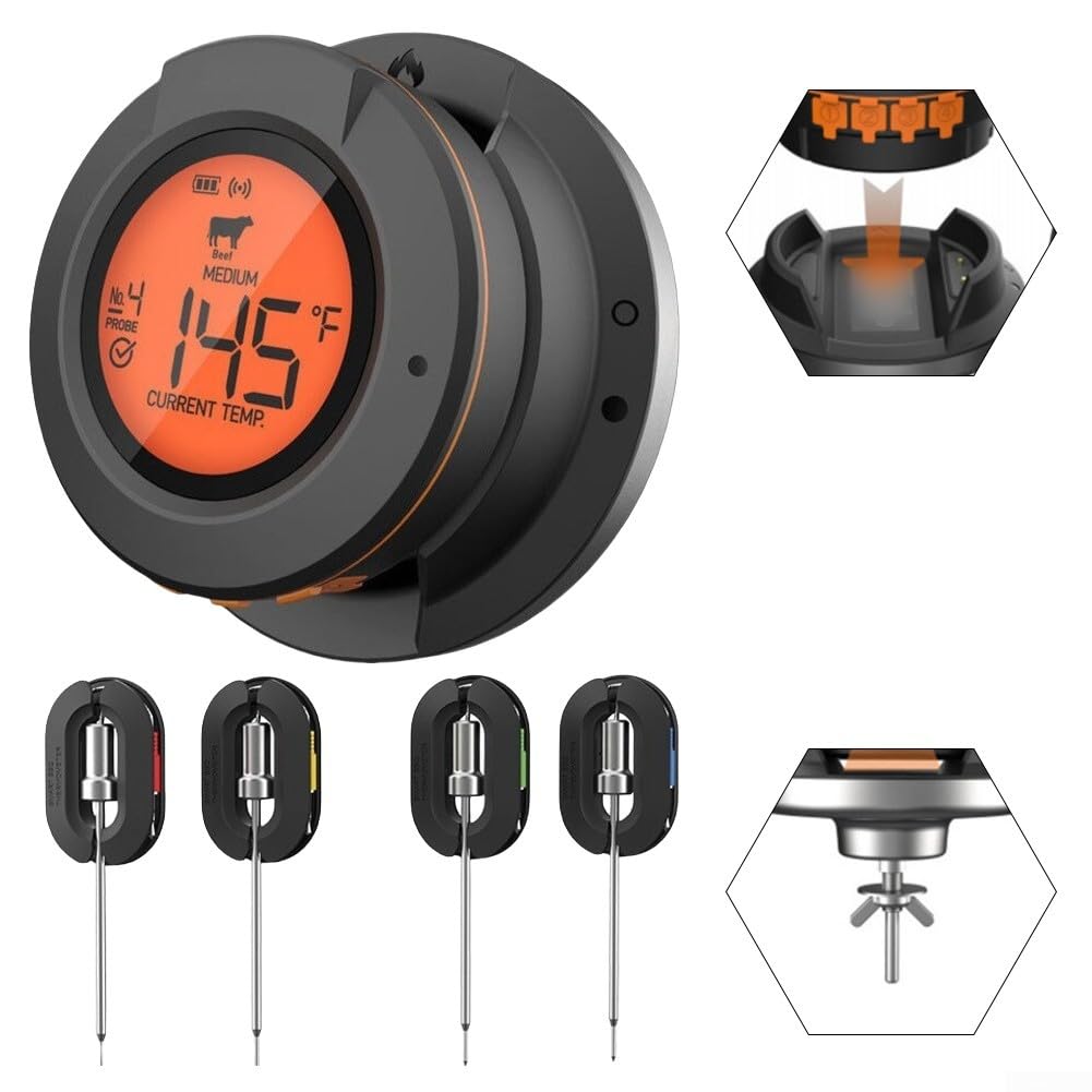 Drahtloses Grill-Thermometer, 4 Sonden, Smart-App-Steuerung, 29,9–59,7 m Reichweite für Grillfleisch, Ofen, Küche, Digitalanzeige (Thermometer + 2 Sonden)