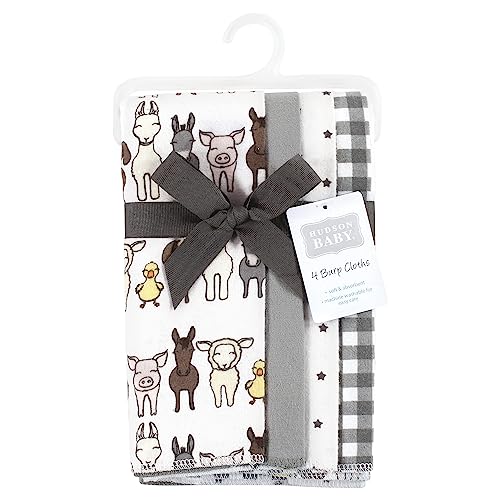 Image of Hudson Baby Unisex Baby Cotton Poly Flannel Burp Cloths, Farm Friends Grey 4-Pack, One Size