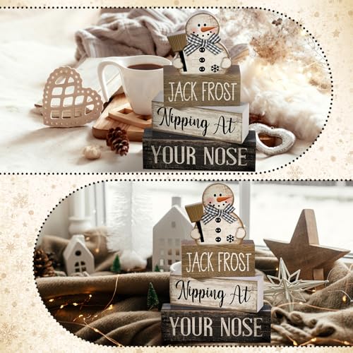 Image of Moucuny 4 Pcs Christmas Table Decor Wooden Snowman Black and White Winter Tiered Tray Decor Rustic Decorative Snowman Block Sign Gifts Christmas Centerpiece Rustic Winter Decorations for Home Kitchen