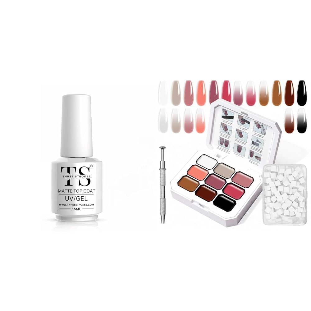 THR3E STROKES Matte Gel Top Coat 15ml, No-Wipe Chrome Powder-Resistant Polish, Long Lasting Ombre Gel Nail Polish with Nail Art Sponges for Pat Gel Ombre Color Palette Blush Effect Pat Painting-image-48