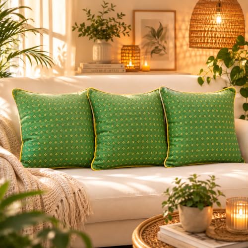 Image of RANGBHAR Handloom 100% Cotton Cushion Cover Set of 3 | Cushion with All-Around Piping for Premium Finish | 16x16 Inches Hand Woven Striped Cushion Covers - Green
