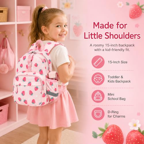 Image of LOIDOU Toddler Backpack for Girls, 15 Inch Preschool Kindergarten Backpack with Insulated Snack Pocket, 13L Corduroy Kids Bookbag with Chest Strap and Water Bottle Pockets, Pink Strawberry