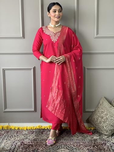 Image of Women's Viscose Chanderi Solid 3 /4 Sleeve Sweetheart Neck Embroidered Kurta, Pant and Dupatta-Dark-pink-JT-043