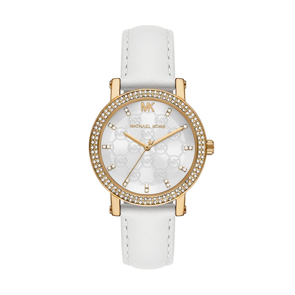 Women's Michael Kors Corey Pavé White Leather Strap Watch