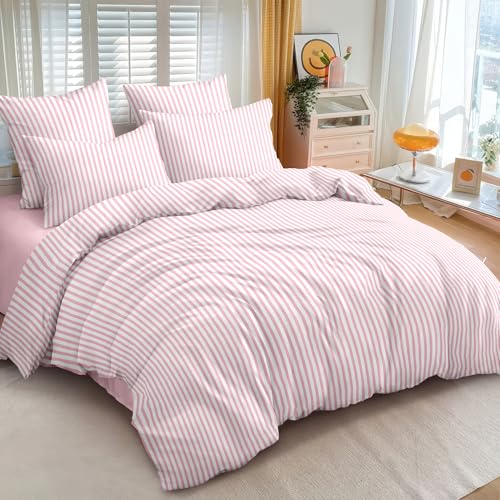 Image of Nayoroom Pink Striped Duvet Cover Twin Size White Stripe Duvet Cover Dorm Bedding Set 2 Pieces Soft Lightweight Washed Microfiber Farmhouse Bedding Set Gifts for Women Men