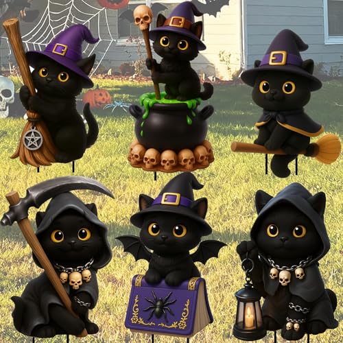 ILMFMY Halloween Gartendeko – 6er Set Schwarze Katzen Figuren mit...