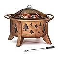 Sunjoy Fire Pit 30 in. Outdoor Wood-Burning Fire Pit, Patio Tree Motif Round Steel Firepit Large Fire Pits for Outside with Spark Screen and Poker