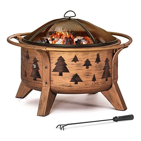 Sunjoy 30 in. Outdoor Wood-Burning Fire Pit, Patio Tree Motif Round Steel Firepit Large Fire Pits for Outside with Spark Screen and Poker, Copper Cover