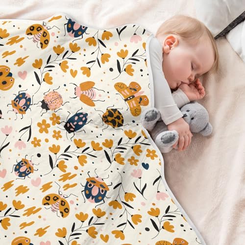 Image of Insects Bugs Beetles Cute Baby Swaddle Blanket for Boys Girls, Butterfly Ladybug Maple Leaves Muslin Baby Receiving Swaddle Blanket, Soft Cotton Nursery Swaddling Blankets for Newborn Toddler