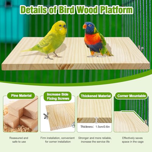 Image of 2PCS 13.8x7.9 inches Large Bird Perch Stand Wooden Parakeet Stand Platform Parrot Cage Accessories Rectangle Corner Stand Perch Shelf for Budgie Cockatiel Conure Macaw African Grey Chinchilla