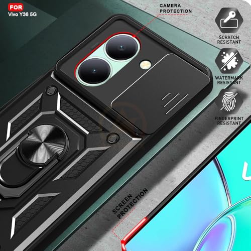 Image of Armor Bumper Back Cover Case for Vivo Y36 Rotating Camera Cover, Ring Holder & Kickstand | Heavy Duty & 360 Degree Protection Vivo Y36 Back Cover (Black)