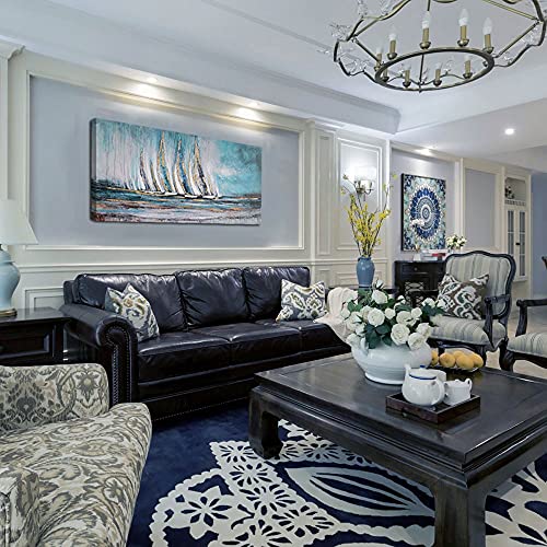 Anolyfi Sailboat Wall Art Canvas Teal Abstract Painting Textured Picture Artwork, Vintage Nautical Painting, Coastal Modern Print 58"x29" Frame for Living Room Bedroom Bathroom Office Home Decoration - Image 6