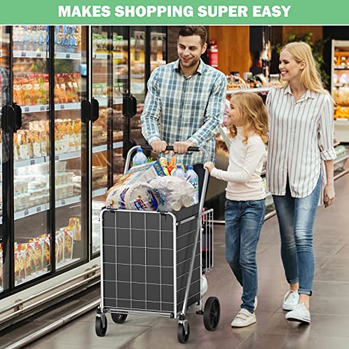 [2023 Upgrade] Shopping Cart For Groceries, 345 Lbs Heavy Duty Grocery Cart With 360° Swivel Wheels, Waterproof Liner, Dual Basket, Portable Folding Utility Carts For Seniors,Laundry,Transport Silver #TOP6