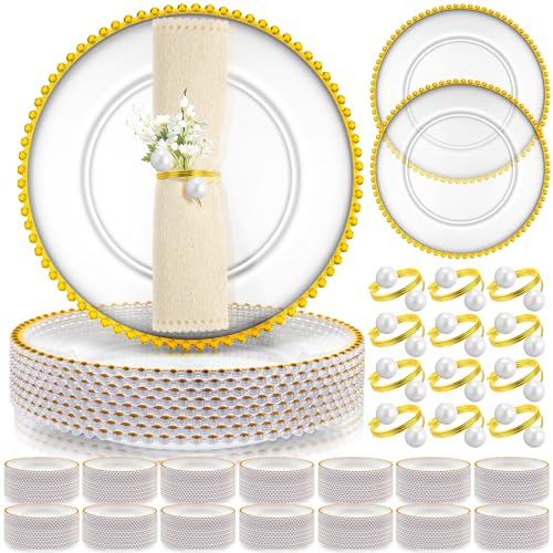 Tioncy 50 Set Clear Charger Plates Bulk Beaded Plastic Charger Plates 13 Inch, Napkin Rings, Acrylic Round Dinner Table Decorative Plate for Wedding Party Event (Clear and Gold)