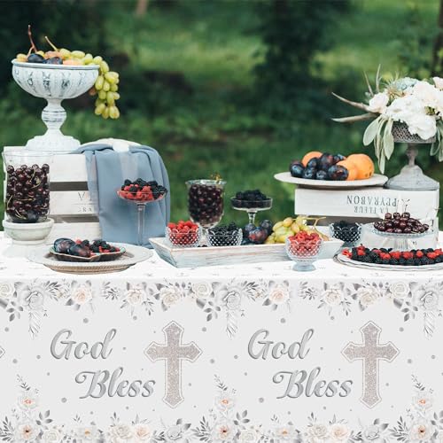 Image of God Bless Baptism Tablecloths - 3-Pack White Gold Baby Baptism Party Table Cover Silver Color Flower Cross Dosposable Plastic Waterproof Rectangle God Bless Tablecloth Baby First Communion