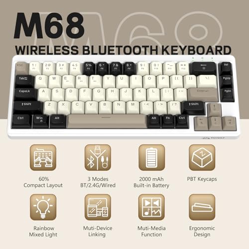 LexonElec X FREEWOLF M68 65% Bezprzewodowa Klawiatura Gamingowa, QWERTY, BT/2.4G/Przewodowa Cicha Klawiatura Membranowa, Podświetlenie Tęczowe, 67 Klawiszy PBT, 2000mAh, Przenośna - Kremowy