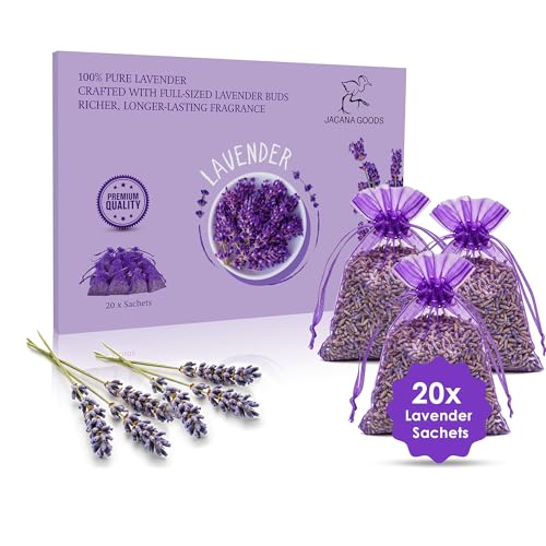 English Lavender Bags – Natural Moth Repellent & Air Freshener – Set of 20 – Air Freshener for Wardrobes, Drawers, Bathrooms, Clothes Storage – 100% Organic Premium Lavender