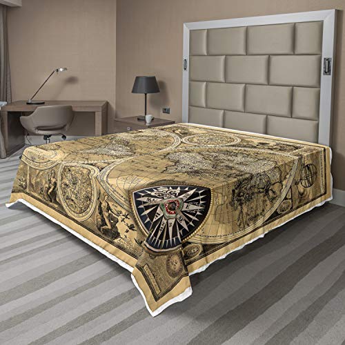 Ambesonne Map Print Flat Sheet, Old Map 1626 a New and Accurate Map of World Historical Manuscript, Soft Comfortable Top Sheet Decorative Bedding 1 Piece, King Size, Pale Brown Black Brown