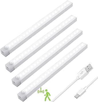 Motion Sensor Under Cabinet Lights - 4 Pack, USB Rechargeable, Magnetic, 32 LED Warm White (8 Inch)