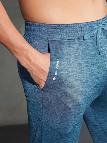 Image of TECHNOSPORT Men's Melange Slim Fit Techno Dry Trackpants Drawstring 2-Pocket Polyester Joggers for Gym Running Workout UPF50+ Anti Odour