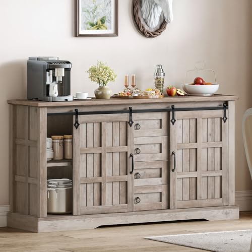 DWVO 59" Kitchen Storage Cabinet, Sideboard Buffet Cabinet with Storage, Sliding Barn Doors and 4 Drawers for Living Room/Kitchen, Wash Grey