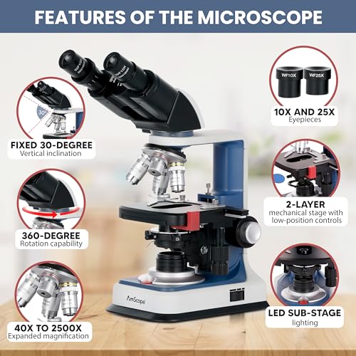 AmScope B120C-R 40X-2500X USB-C Rechargeable Battery-Powered Student Binocular Compound Microscope w/3D Two-Layer Mechanical Stage, Achromatic Objectives, & LED Illuminator