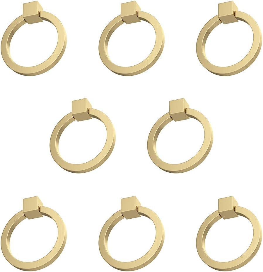 RZDEAL 8Pcs 2.0" x 1-7/8" Solid Brasss Pulls for Dresser Drawer Ring Pulls Furniture Hardware Brushed Gold Wardrobe Door Handles