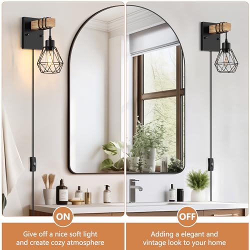 Image of Lomoky Plug in Wall Sconces Set of Two, Vintage Wood Wall Lamps with Plug in Cord, Farmhouse Wall Light Fixture with 5.25FT On /Off Switch Cord, Indoor Sconces Lighting for Bedroom Living Room