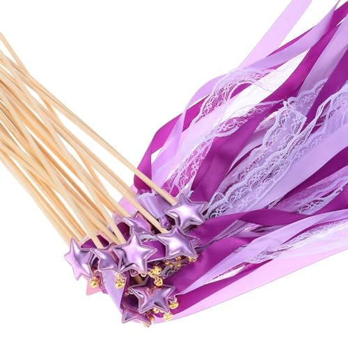 Image of 24 Pack Fairy Wands, Ribbon Lace Fairy Wands with Bells, Decorative Silk Stick with Streamers for Wedding Birthday Party, Pretty Pentagram Ribbon for Girls