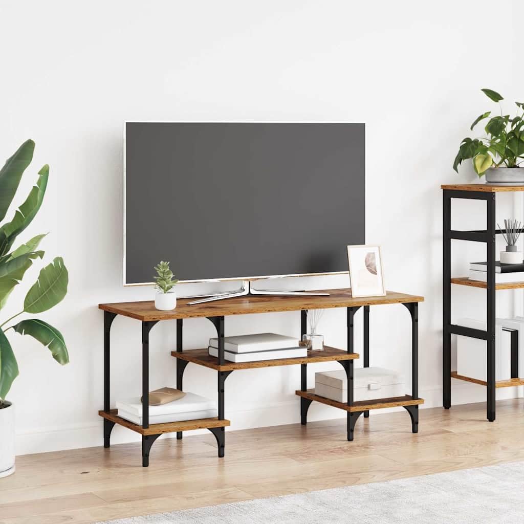 Szafka pod telewizor o wyglądzie starego drewna, 102 x 35 x 45,5 cm, drewno kompozytowe, żelazne nogi, konsola medialna z 4 półkami, uniwersalna podstawka pod telewizor, do salonu, stabilna