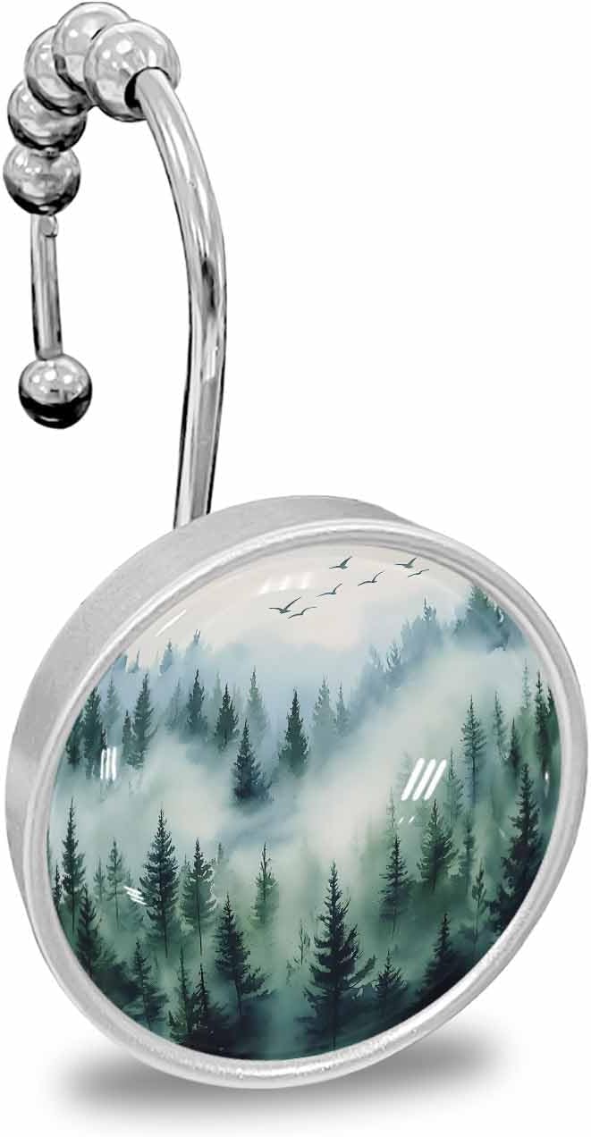 Shower Curtain Hooks Set of 12 Green Mist Forest Crystal Glass Shower Curtain Rings for Bathroom Decorative Stainless Steel Rust Proof Roller Shower Curtain Hangers