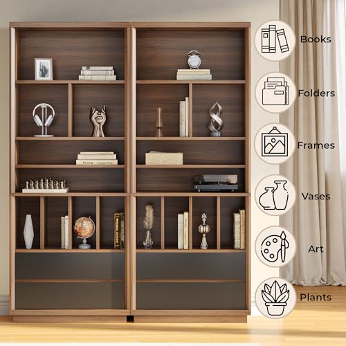 Bookcase with 2 Drawers, 9 Open Storage Cubes | 78.7" Tall Bookshelf, Modern Display Wooden Bookcases for Home Office, Living Room, Study, Black Walnut - Image 5