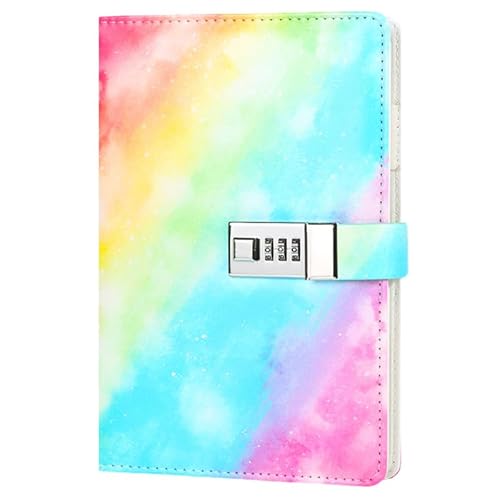 鍵付きノート 日記帳 鍵付き 日記 A5 鍵付き日記帳 PUレザー 秘密ノート パスワード管理 ビジネス手帳 暗号帳 手帳 文房具 学用品 記念日 誕生日 学生 メモ帳 パスワードブック、虹