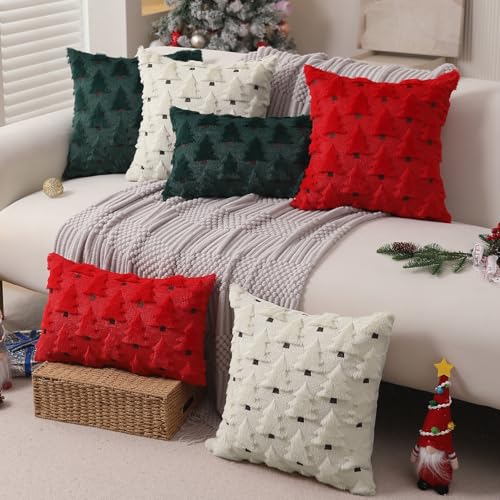 Image of Allorry Christmas Pillow Covers 12x20 inch Set of 2 Christmas Decorations Soft Plush Faux Fur Wool Cream White Christmas Tree Throw Pillow Cases Winter Holiday Decor for Sofa Living Room PT-002D12