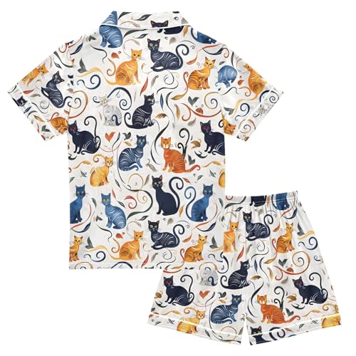 ALAZA Cat Kitten White Floral Pajamas Satin Pajama Set Short Sleeve Button Down Sleepwear2