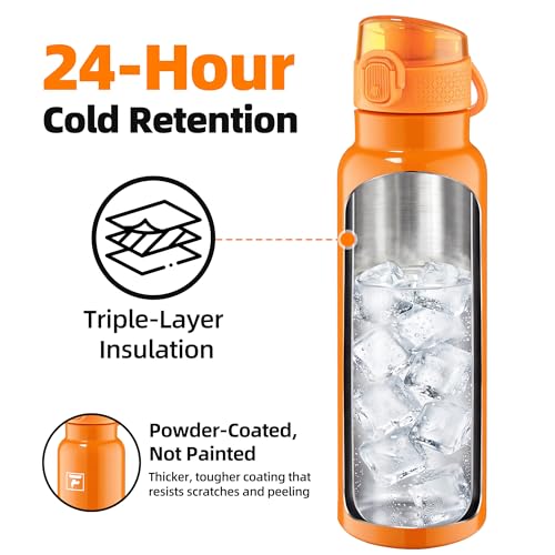 Image of Fanhaw 24 oz Insulated Water Bottle with Soft Silicone Spout Lid, Leakproof Stainless Steel Vacuum Bottle for School, Sports& Daily Use, Kids, Teens& Adults, Back to School Essentials (Herorange)
