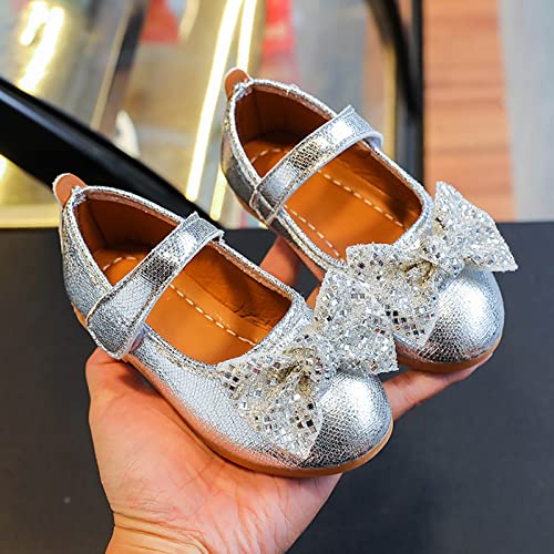 Fashion Autumn Girls Casual Shoes Flat Light Solid Color Sequin Bow Cute Shiny Dress Shoes Girls Mary Jane Shoes (Silver, 6-7 Years Little Child)3