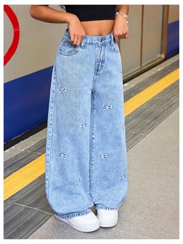 Girl's Bow Embroidered Baggy Jeans Y2k High Waisted Wide Leg Denim Pants Streetwear3