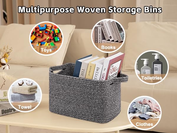 Image of OIAHOMY Storage Basket, Woven Baskets for Storage, Cotton Rope Basket for toys,Towel Baskets for Bathroom - Pack of 3, Black