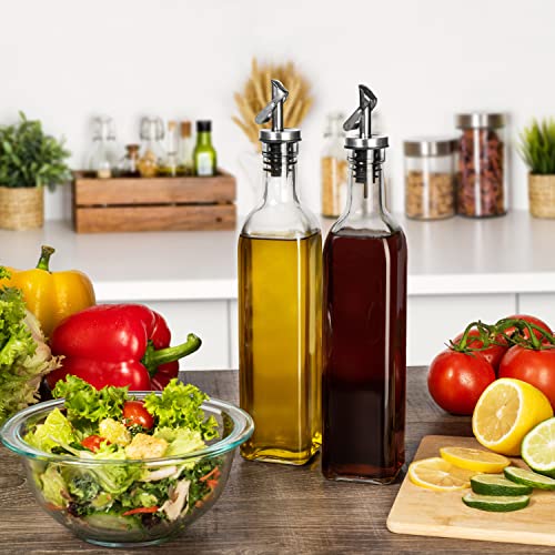 GREENOLIVE Olive Oil and Vinegar Dispenser Set - 17 oz. Clear Glass Bottles with No-Drip BPA-Free Spouts - Ideal for Kitchen, Cooking, and Dining - Set of 2
