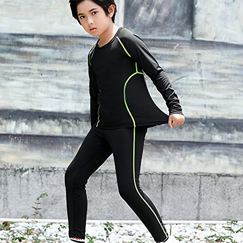 Boys Girls Base Layer Athletic Compression Leggings And Shirts Thermal Underwear Set Running Pants Tights (Black-1808, Medium) #TOP3