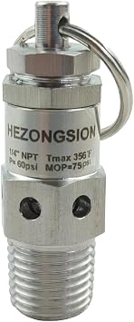Mini 1/4" NPT Male Adjustable Pressure Relief Valve SS304 Stainless Steel PRV Safety Valve with Lock, 60psi Set Pressure,40-75psi Adjustable Pressure Range