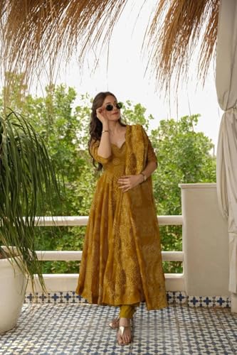 Image of ANNI Designer Kurta Sets for Women Viscose Printed | Kurti Set for Woman | Straight Kurta Narrow Narrow Pant Dupatta Set | 3 Piece Set Women | Mandarin 3 /4 Sleeve Regular Fit Stylish Ethnic Outfit