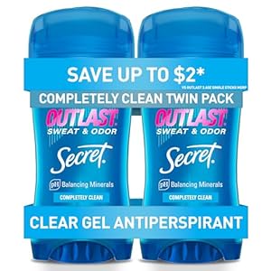 Secret Outlast Antiperspirant Deodorant for Women, 72hr Sweat & Odor Protection, PH Balancing Minerals, Clear Gel, Completely Clean Scent, 2.6 oz (Pack of 2)