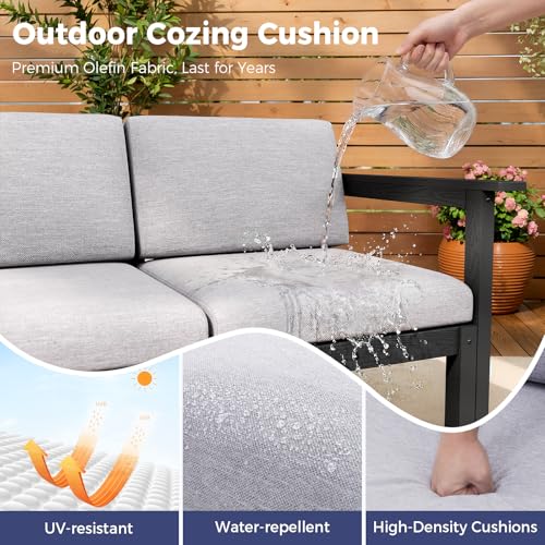 Image of Modular Outdoor Patio Conversation Set, 3-Piece HIPS Chairs with Side Table & Thick Cushions- Side Interlock & Detachable Armrest, All-Weather Patio Furniture Set for Backyard, Deck, Poolside